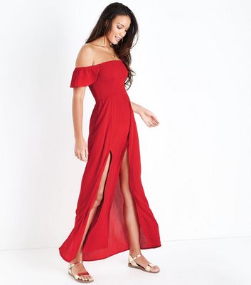 Red Bardot Neck Maxi Beach Dress | New Look